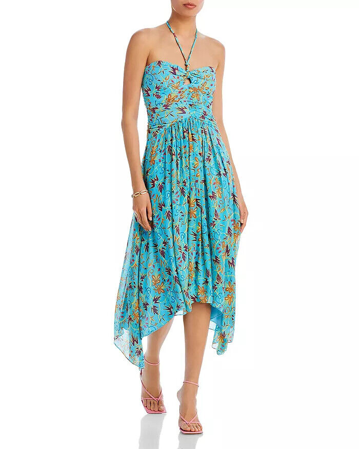 A.L.C. Violet Blue Teal Silk Printed Halter Sleeveless Asymmetric Midi Dress 0