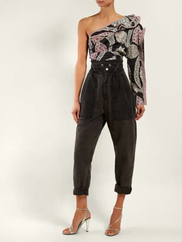 ISABEL MARANT SS19 Joren Black Pink Grey Floral Print One Shoulder Blouse 34/0/2