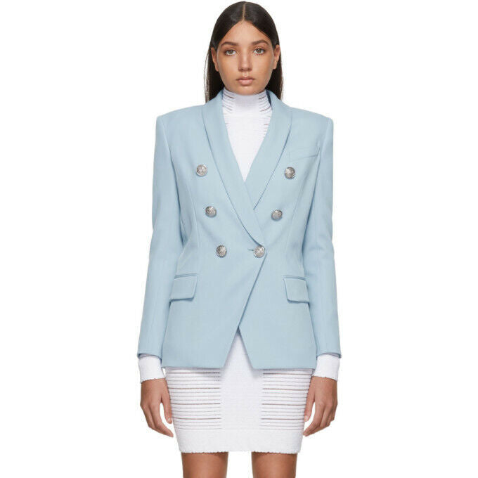 BALMAIN NEW $2500 Light Steel Pastel Blue Double Breasted Jacket Blazer 34/0