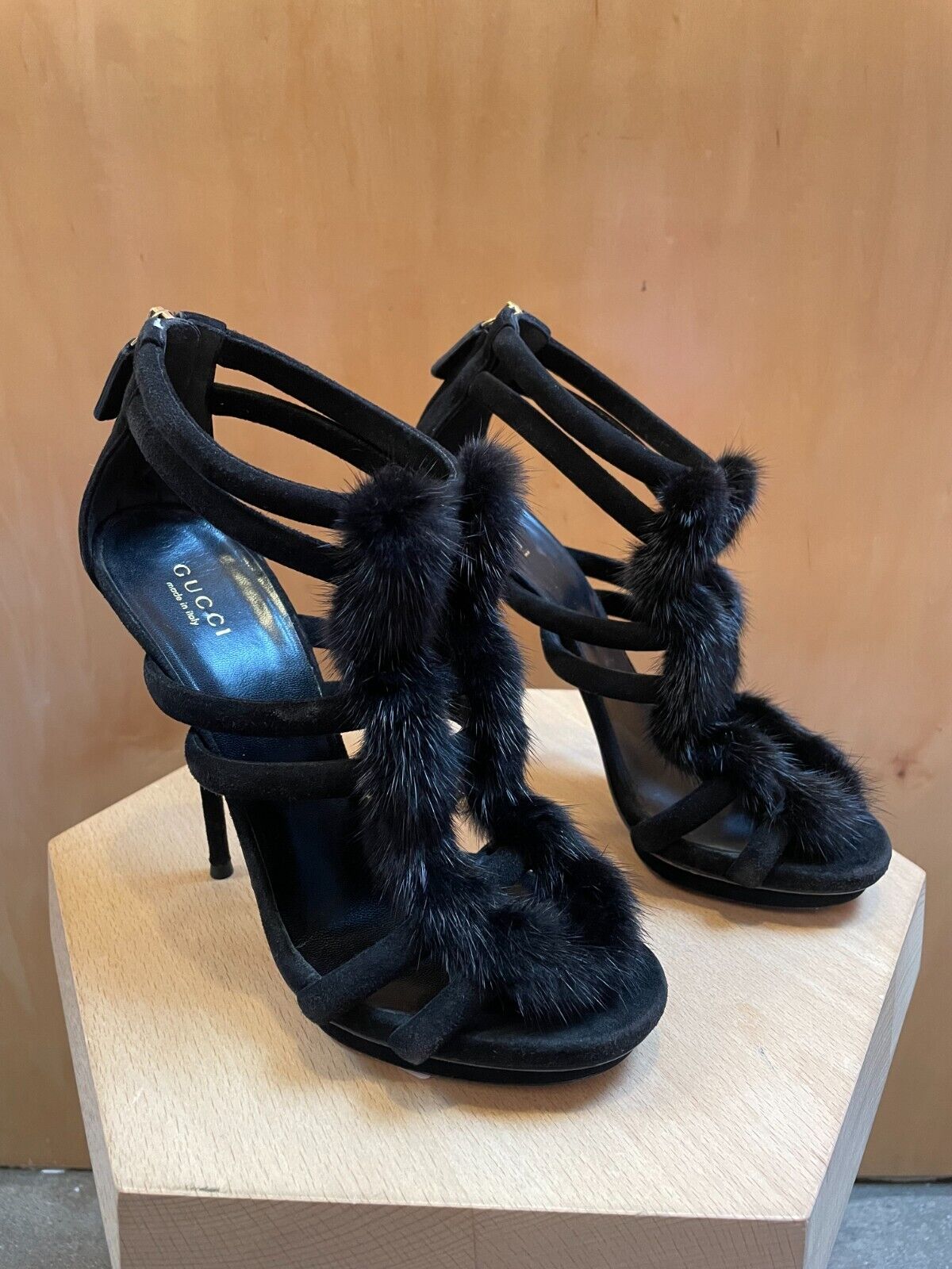 GUCCI Black Suede Mink Fur TStrap Ankle Strappy Platform Stiletto Cage Heel 37.5