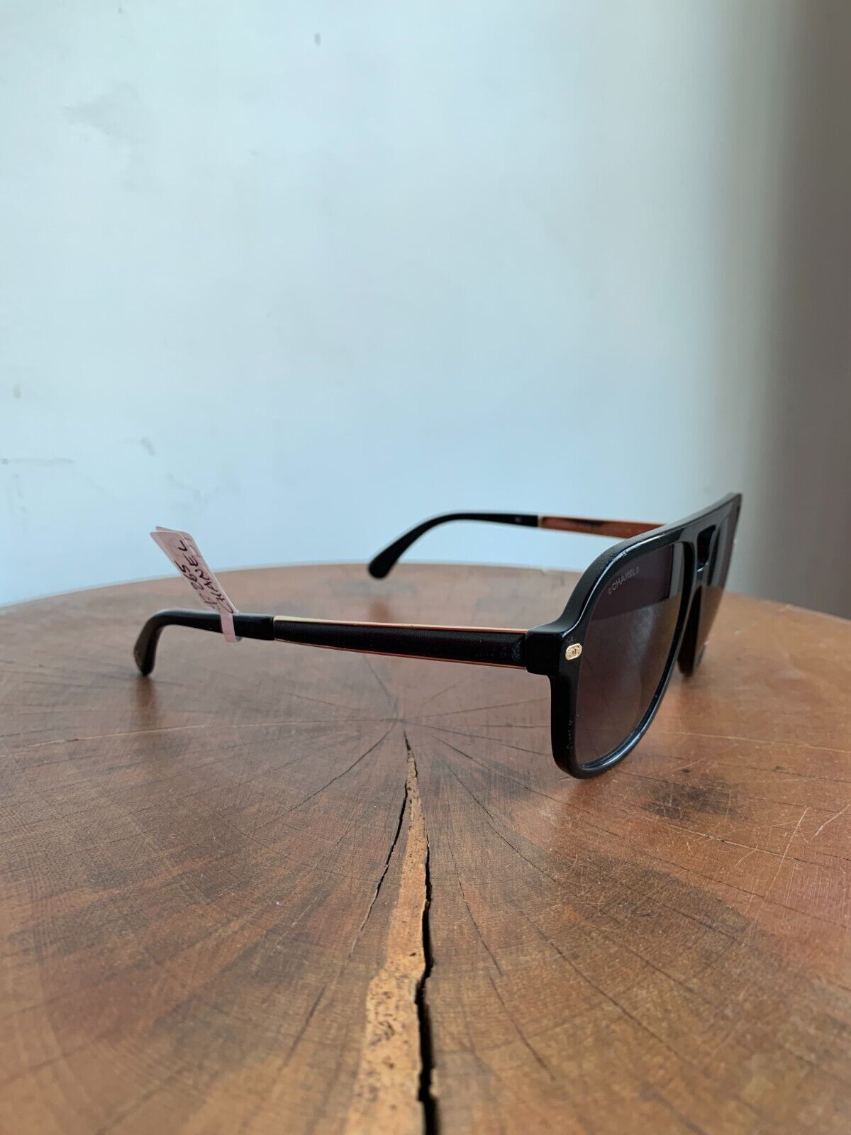 CHANEL Black Gold Acetate Calfskin Framed Pilot Aviator Glasses Sunglasses