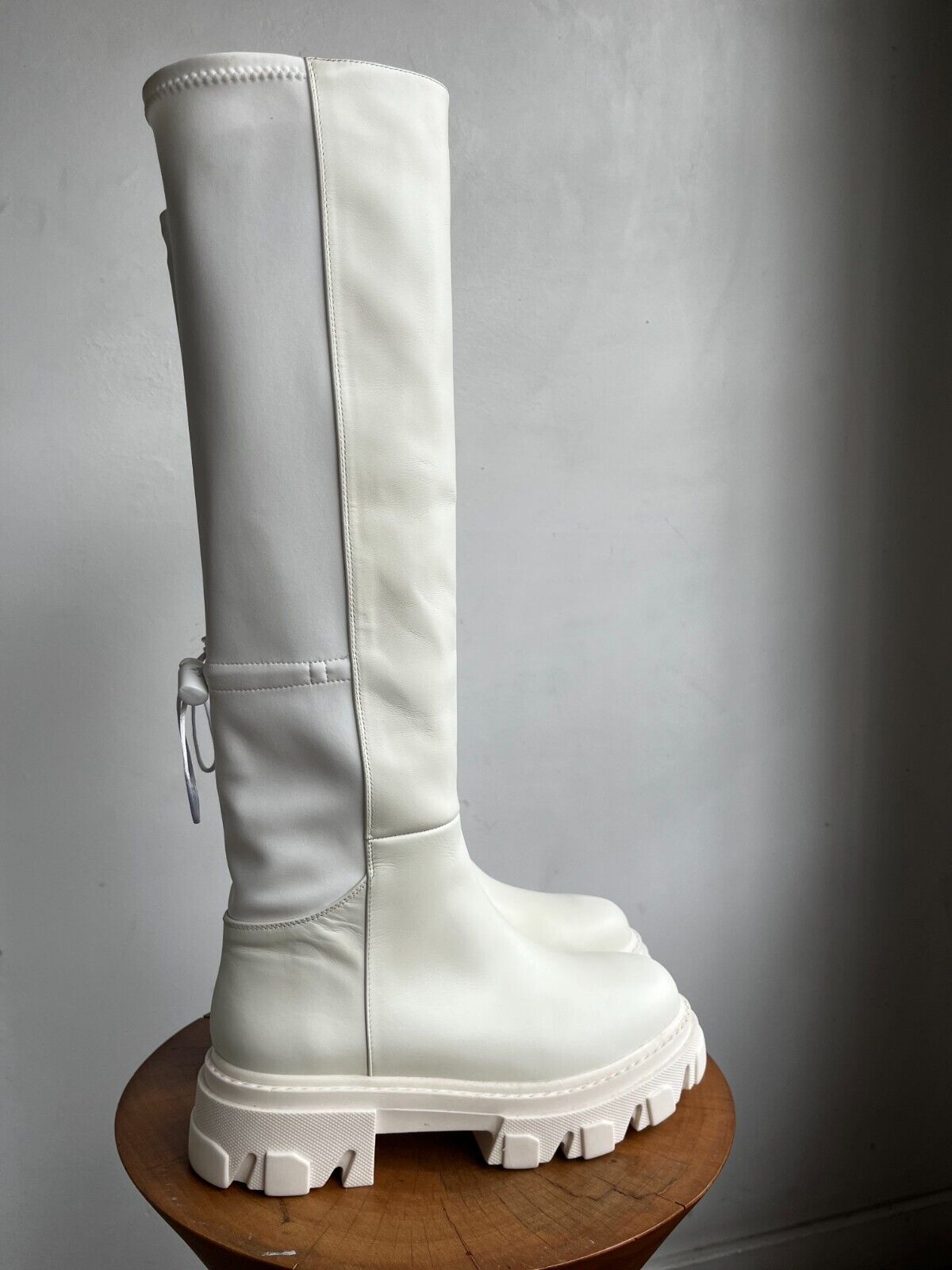 GIA BORGHINI Gia 12 White Ivory Leather Fabric Knee Thigh High Platform Boots 38