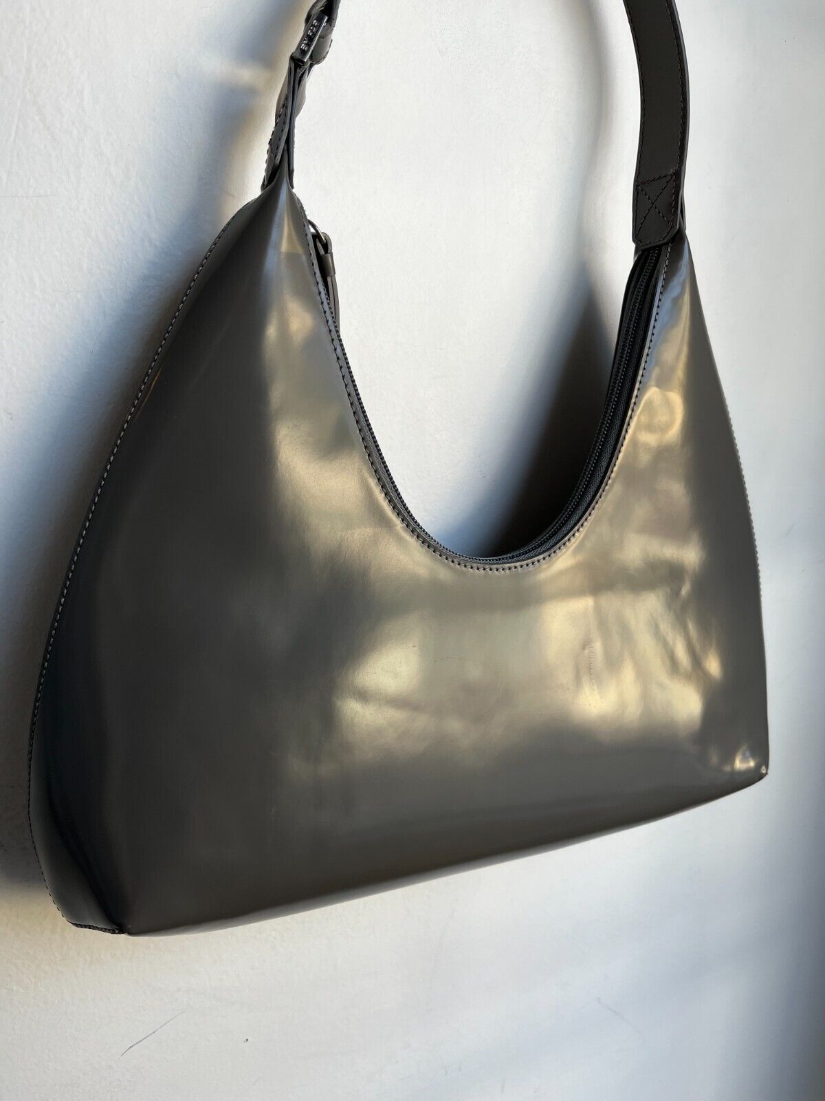 BY FAR Amber Grey Patent Leather Small Zip Hobo Shoulder Bag Purse