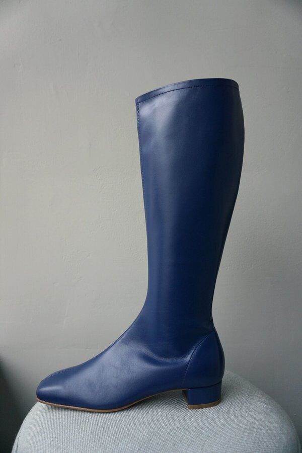BY FAR NEW Edie Navy Blue Leather Knee High Zip Square Toe Block Heel Boots 36