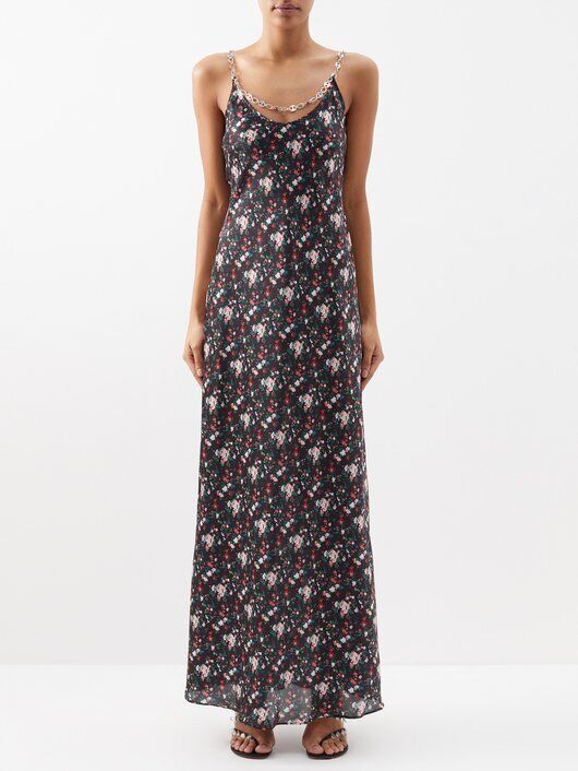 PACO RABANNE $820 Black Rose Floral Print Chain Mail Maxi Long Slip Dress 42/10
