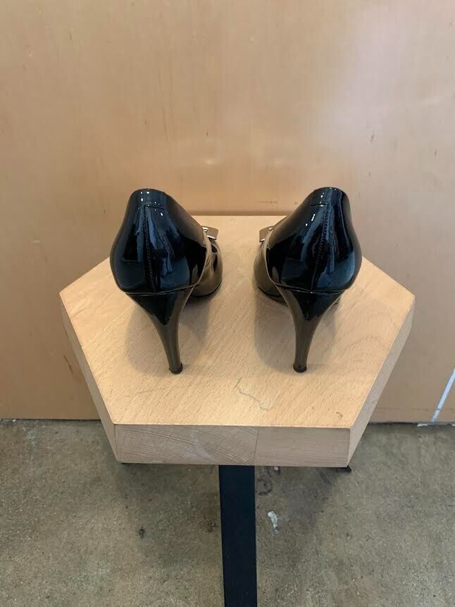 ROGER VIVIER Belle De Nuit Black Patent Leather Square Buckle Curve Heel Pump 37