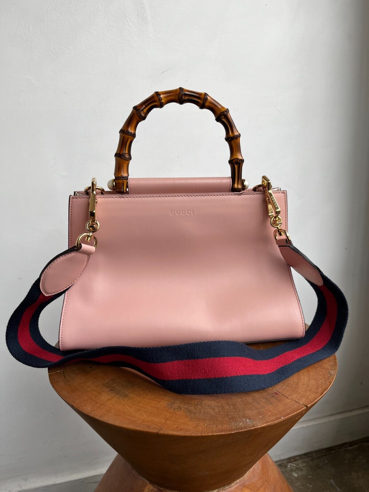 GUCCI NEW Nymphaea Pink Leather Bamboo Handle Web Stripe Shoulder Bag Purse