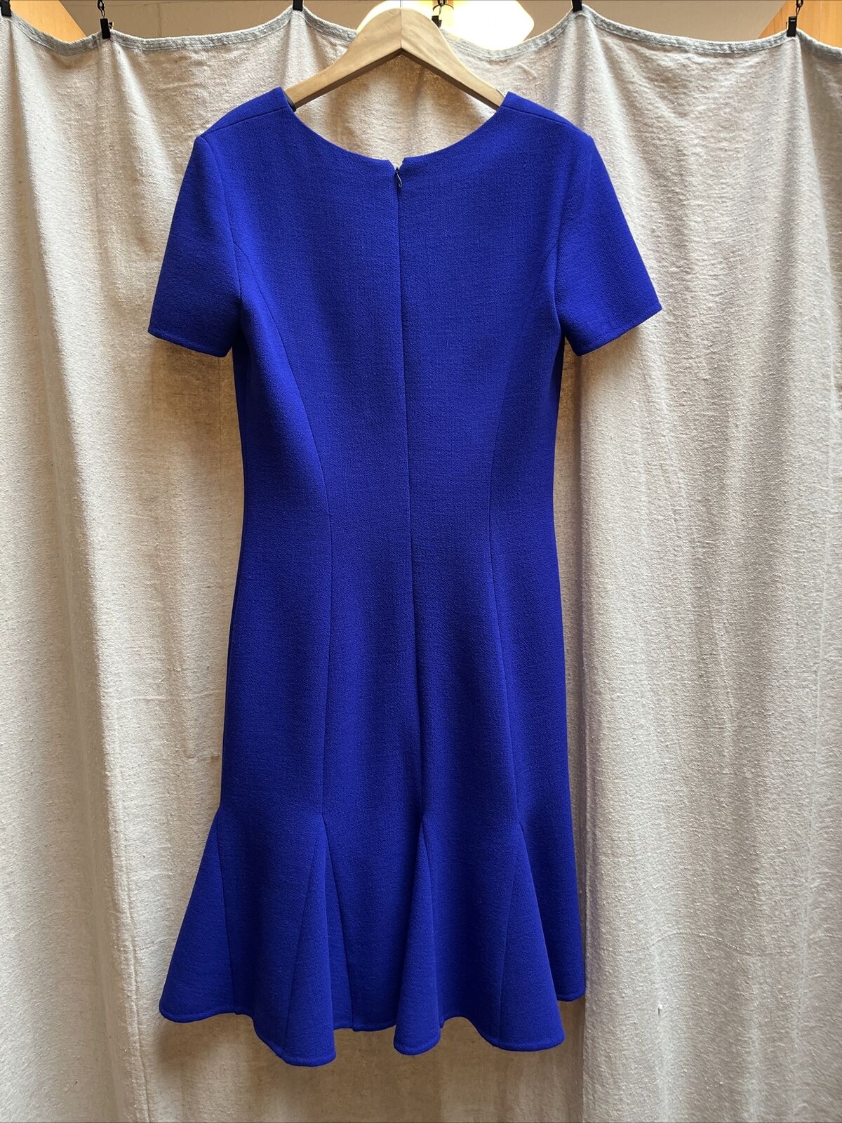 OSCAR DE LA RENTA Purple Crepe Wool Short Sleeve V Neck Fit & Flare Dress 2