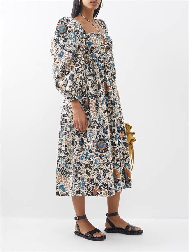ULLA JOHNSON Alessa 23 Clematis White Blue Floral Print Long Sleeve Midi Dress 6