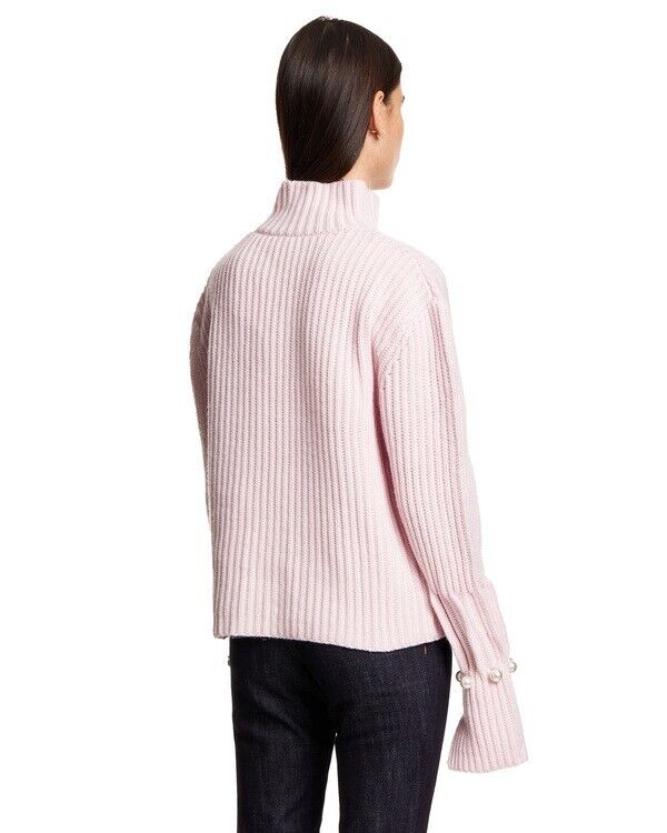 JW ANDERSON Light Pink Chunky Ribbed Knit Turtleneck Sweater Faux Pearls XS