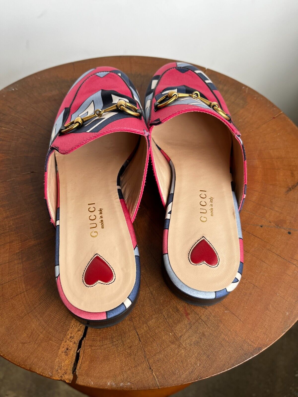GUCCI Princetown Pink Geometric Wallpaper Print Satin Flat Slide Mule Shoe 35.5