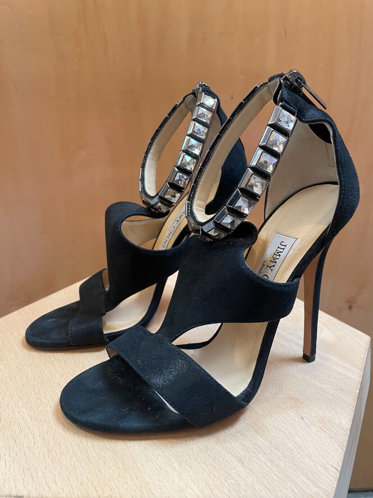 JIMMY CHOO Halo Black Suede Leather Rhinestone Shimmer Cut Out Stiletto Heel 38