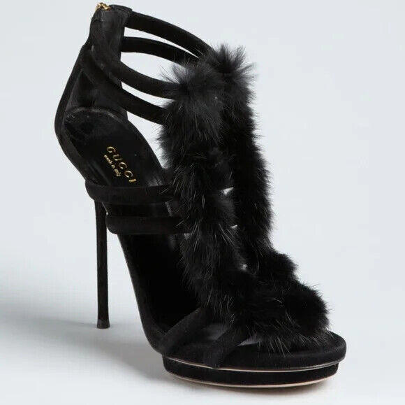 GUCCI Black Suede Mink Fur TStrap Ankle Strappy Platform Stiletto Cage Heel 37.5