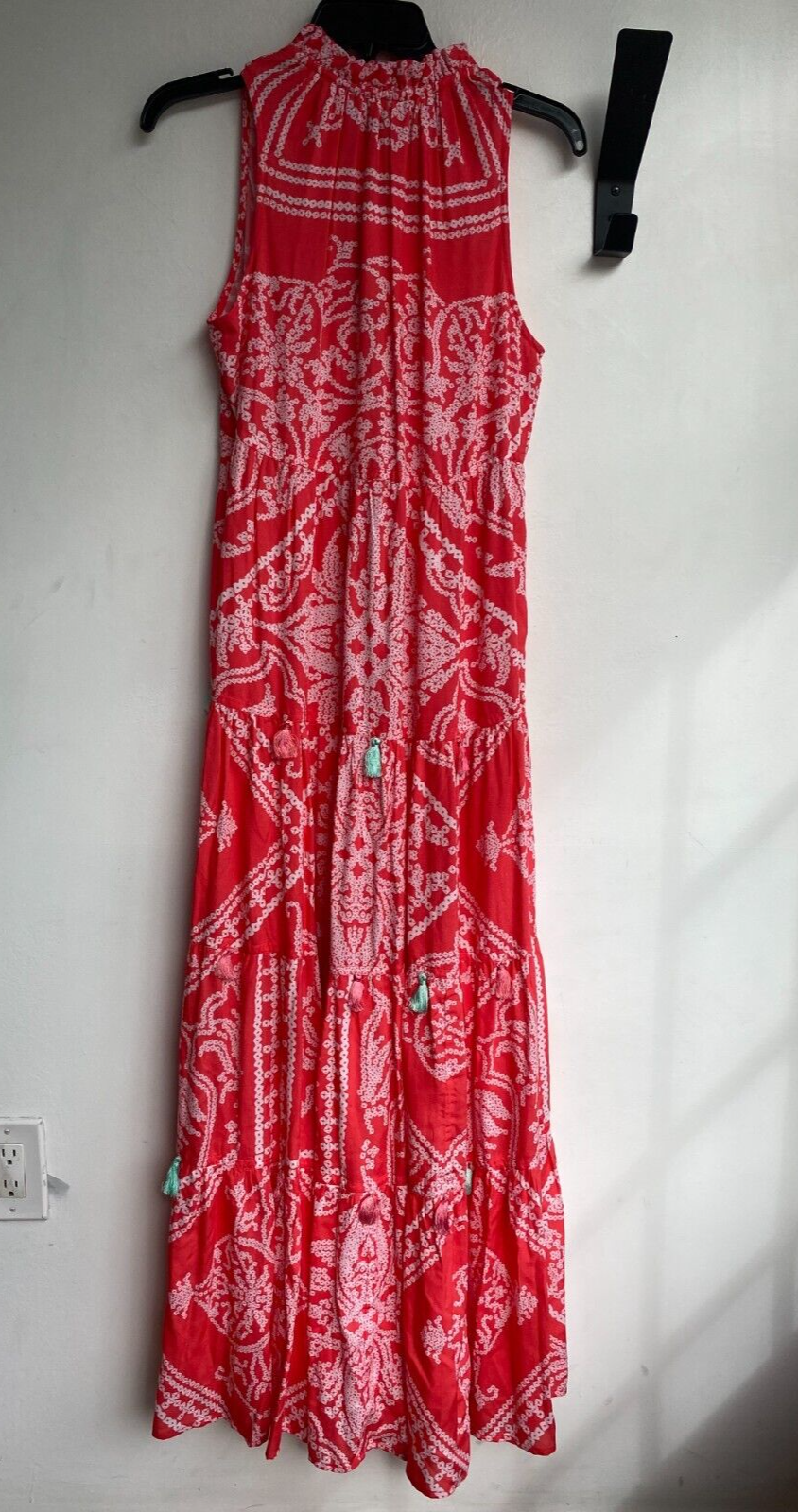 HEMANT & NANDITA NWT Native Coral Red Pink Print Beaded Tassel Maxi Dress S