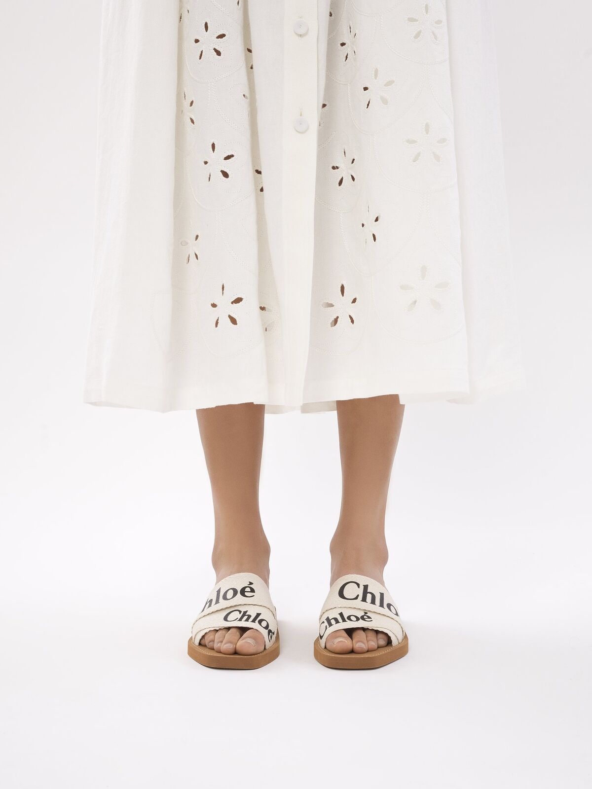 CHLOE Woody Off White Ivory Linen Ribbon Canvas Logo Criss Cross Sandal 37/7