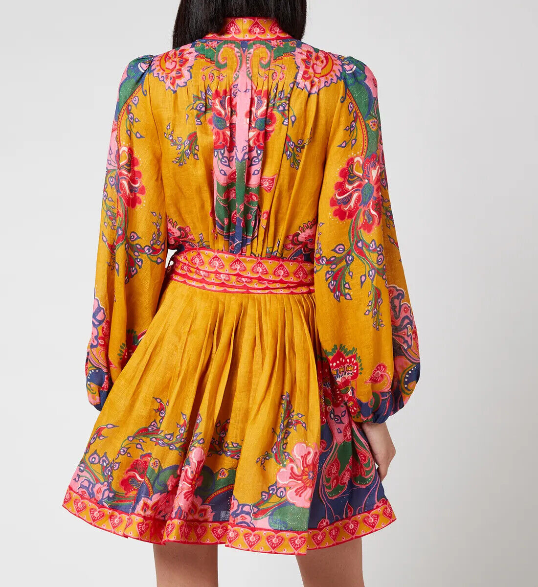 ZIMMERMANN Lovestruck Gold Paisley Linen Floral Long Sleeve Mini Wrap Dress 3/L