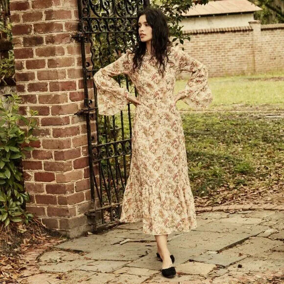 DOEN NWT Adelaide Beige Bell Sleeve Canyon Ruffle Floral Print Long Maxi Dress M