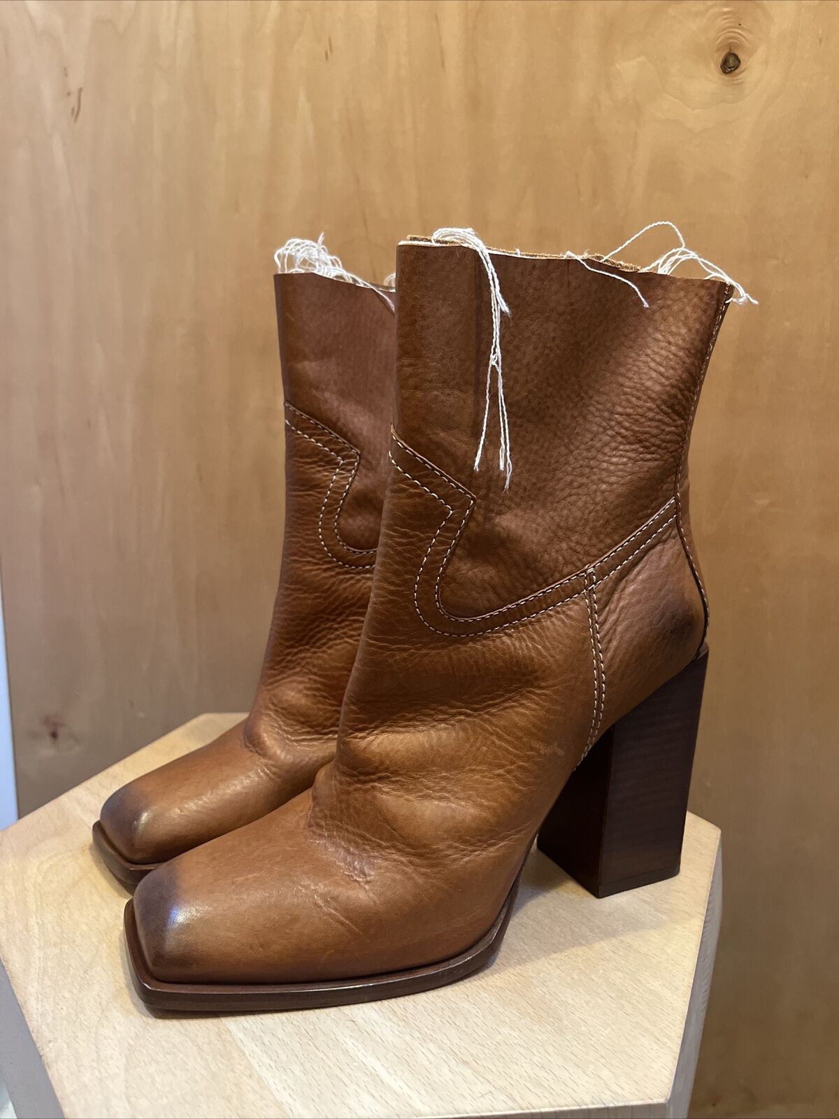 SAINT LAURENT Jodie Tan Camel Raw Edge Cut Off Ankle Calf Heel Ankle Boot 37.5