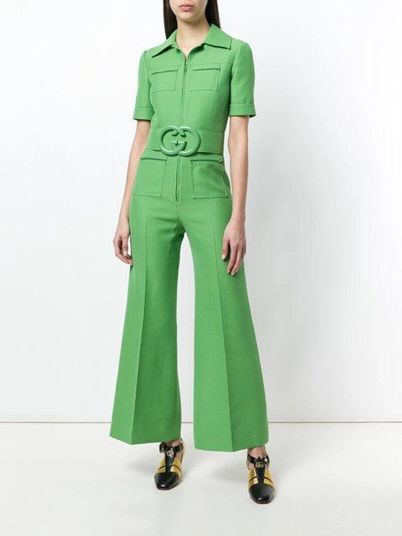 GUCCI Spring 18 Runway Cady Green Silk Wool Short Sleeve Belted Jumpsuit 38/2/0