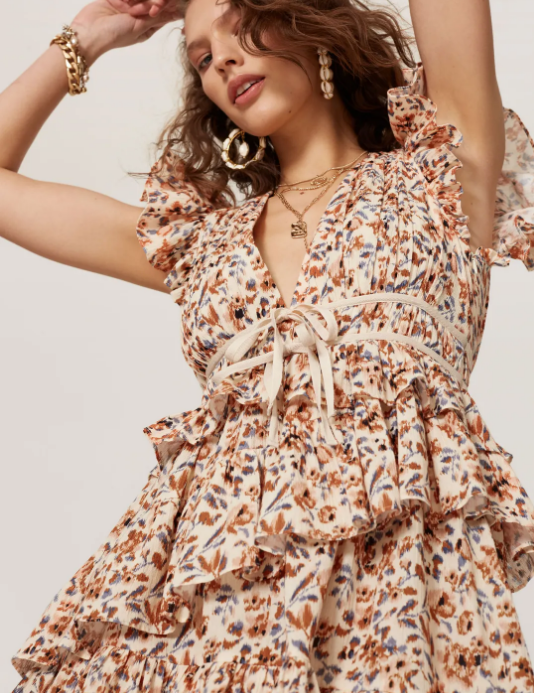 ULLA JOHNSON Madeline Ruffled Tiered Floral Sleeveless Orange Creme Midi Dress 4