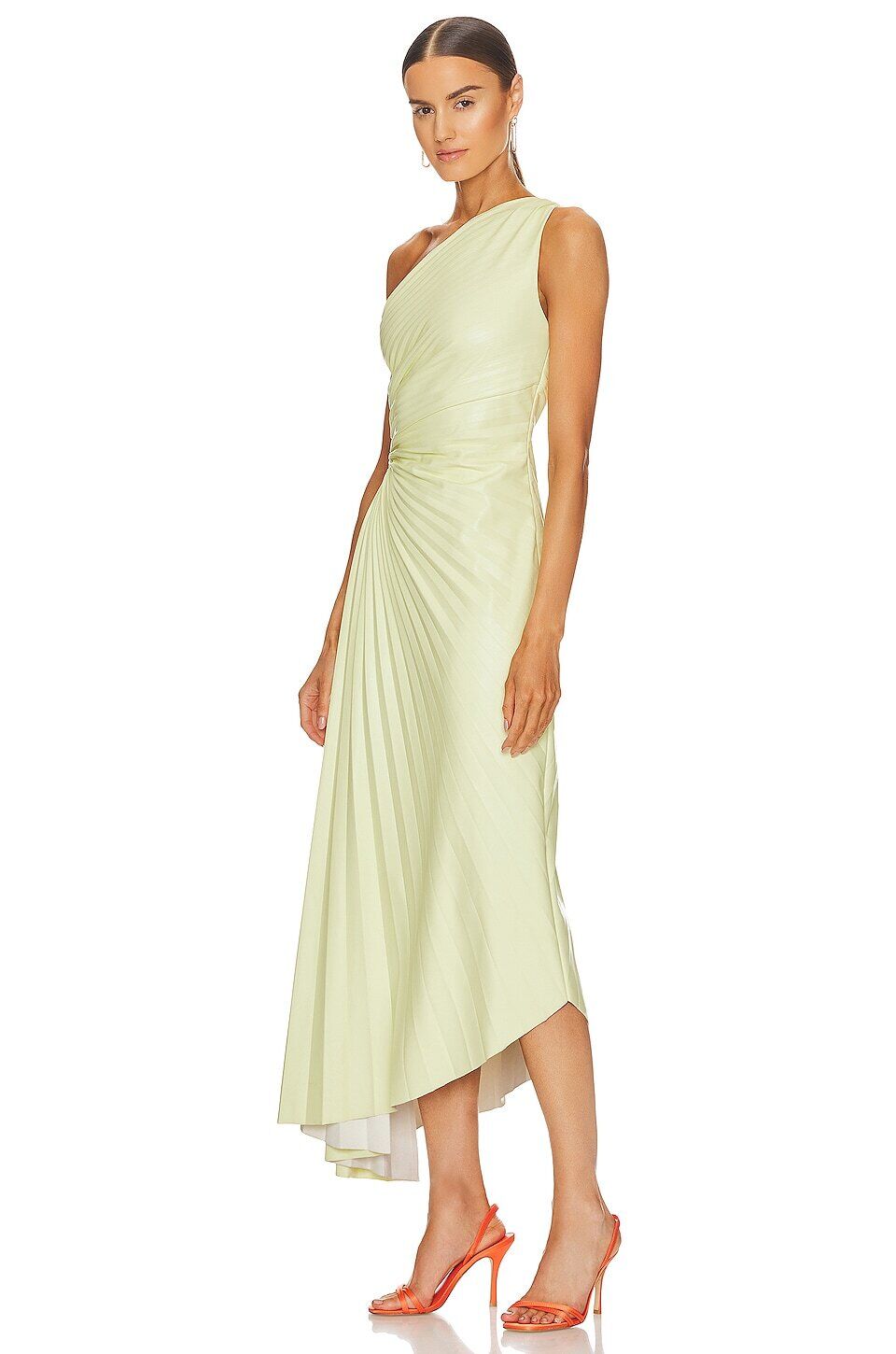 ALC A.L.C. Delfina Canary Yellow Vegan Faux Leather One Shoulder Pleated Dress M