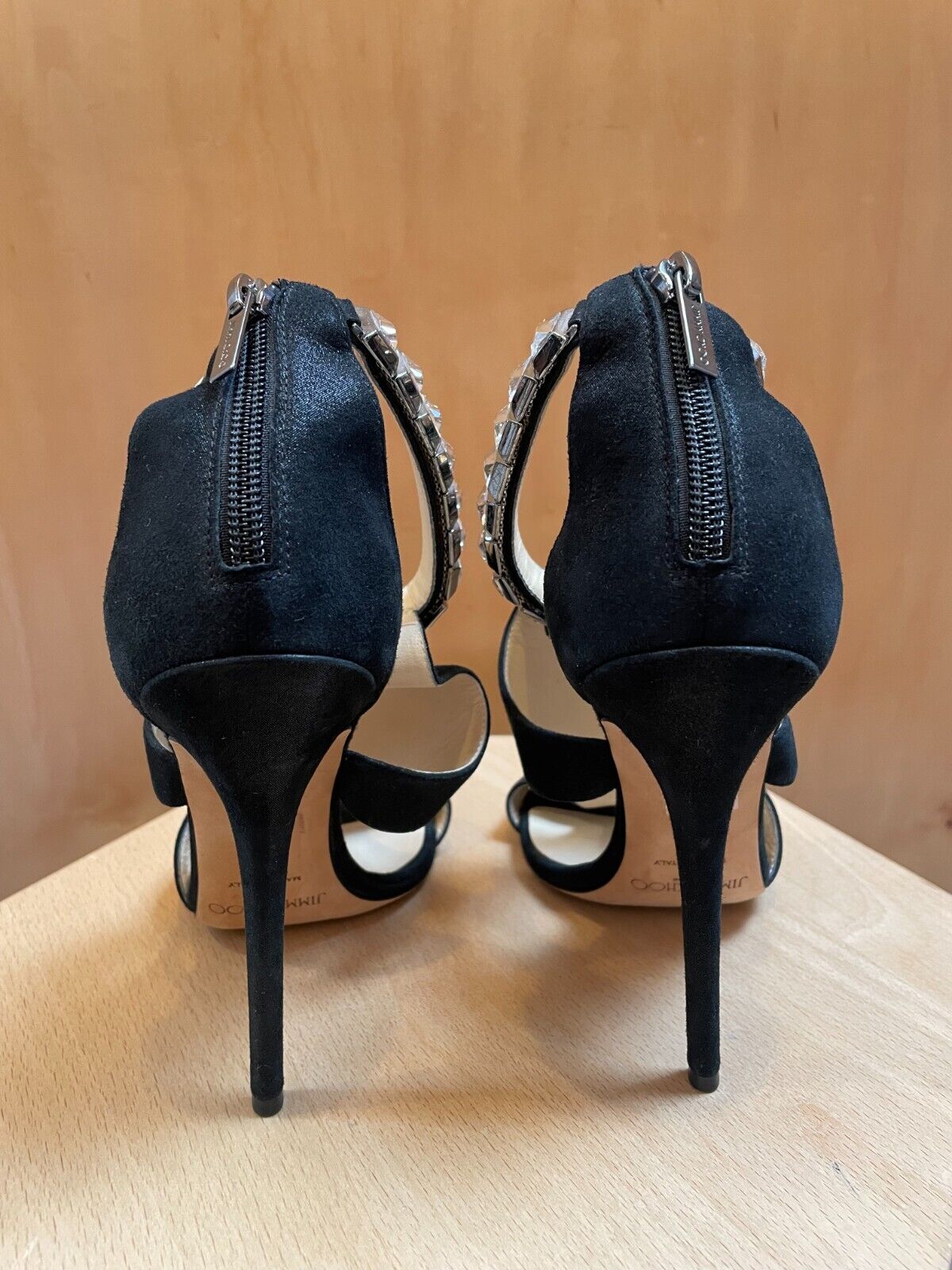 JIMMY CHOO Halo Black Suede Leather Rhinestone Shimmer Cut Out Stiletto Heel 38