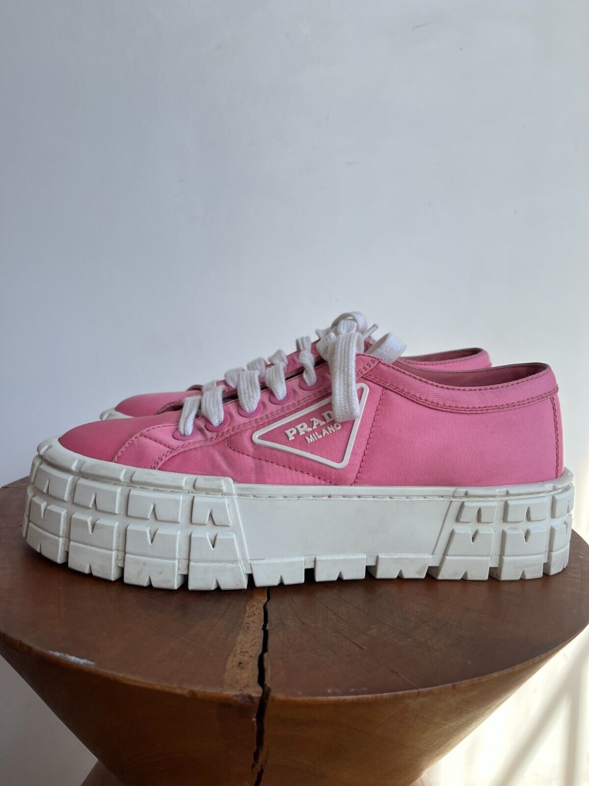 PRADA Double Wheel Gabardine Begonia Pink Nylon Platform Lug Sole Sneaker 38