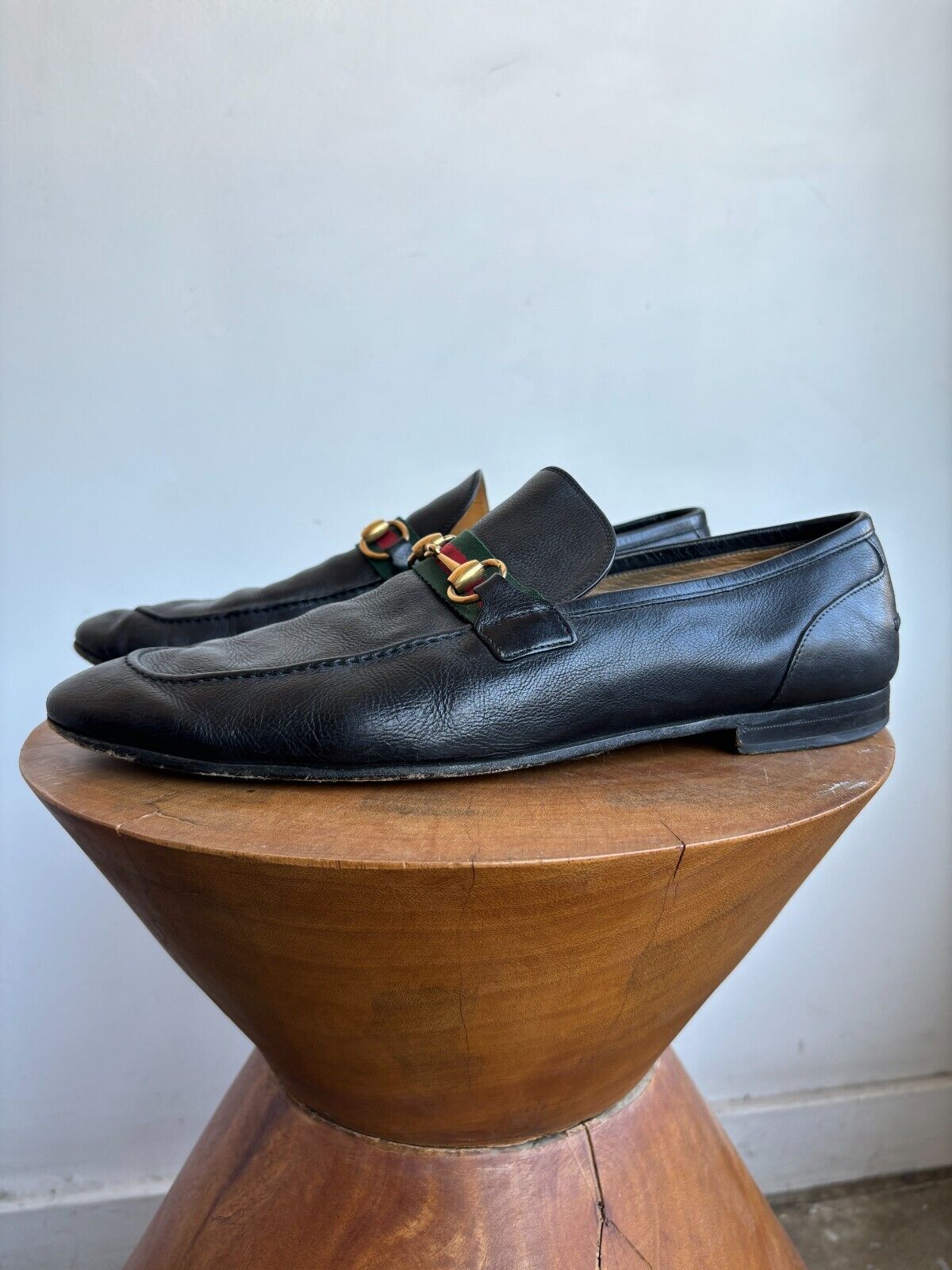GUCCI Men's Paride Black Leather Web Stripe Horsebit Oxford Flat Loafer Shoe 12