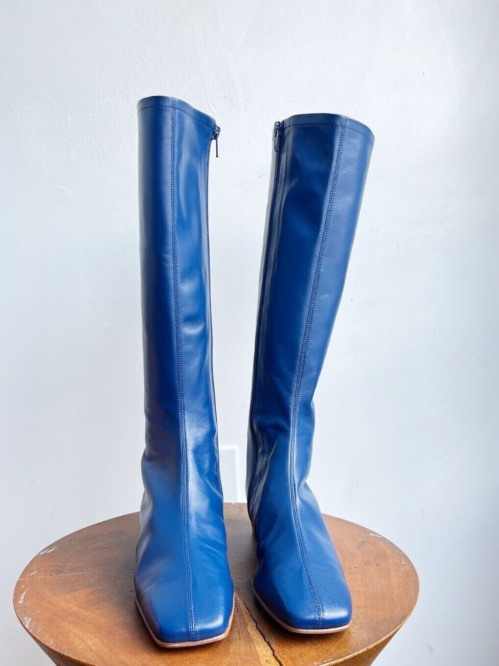 BY FAR NEW Edie Navy Blue Leather Knee High Zip Square Toe Block Heel Boots 36