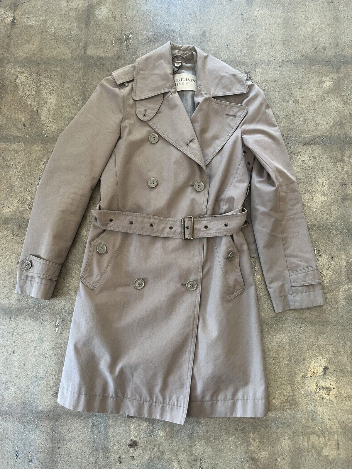BURBERRY BRIT Tan Khaki Cotton Double Breasted Belted Trench Jacket Coat 6/4