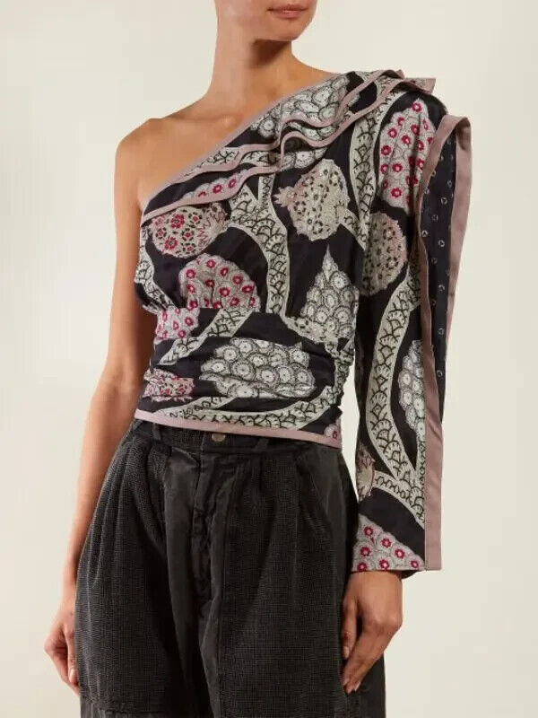ISABEL MARANT SS19 Joren Black Pink Grey Floral Print One Shoulder Blouse 34/0/2