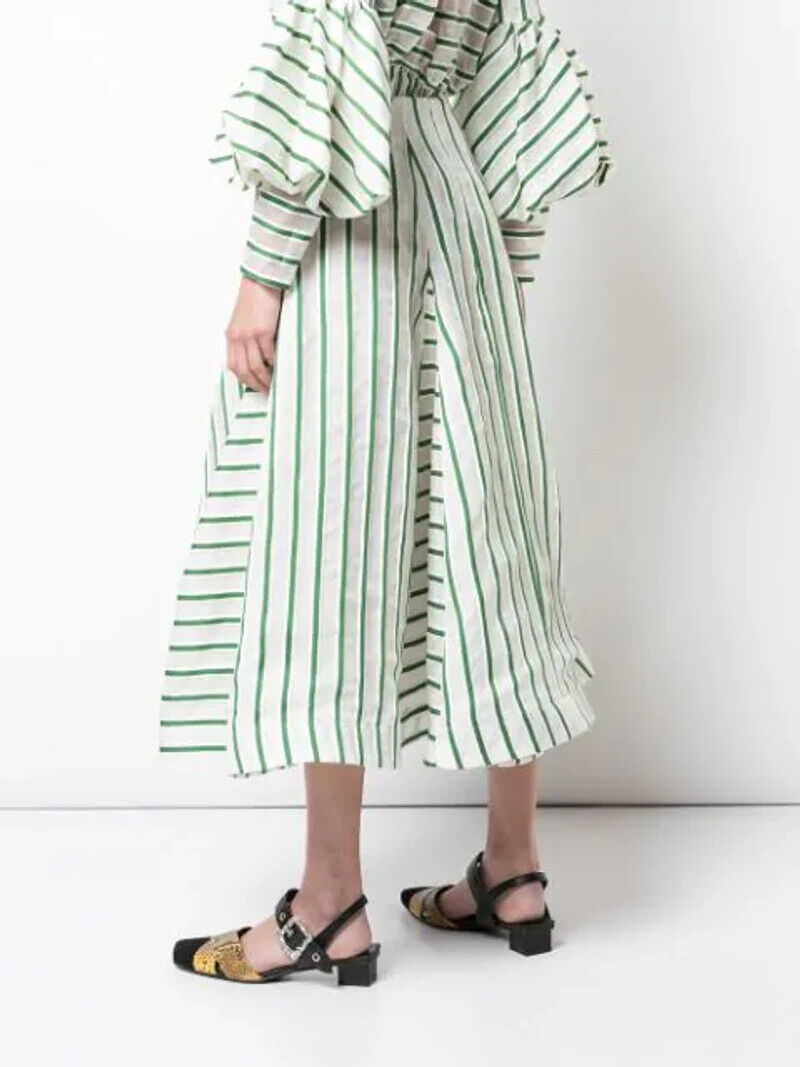 ROSIE ASSOULIN NWT Flouncy Striped White Green Stripe Print Organza Midi Skirt 6