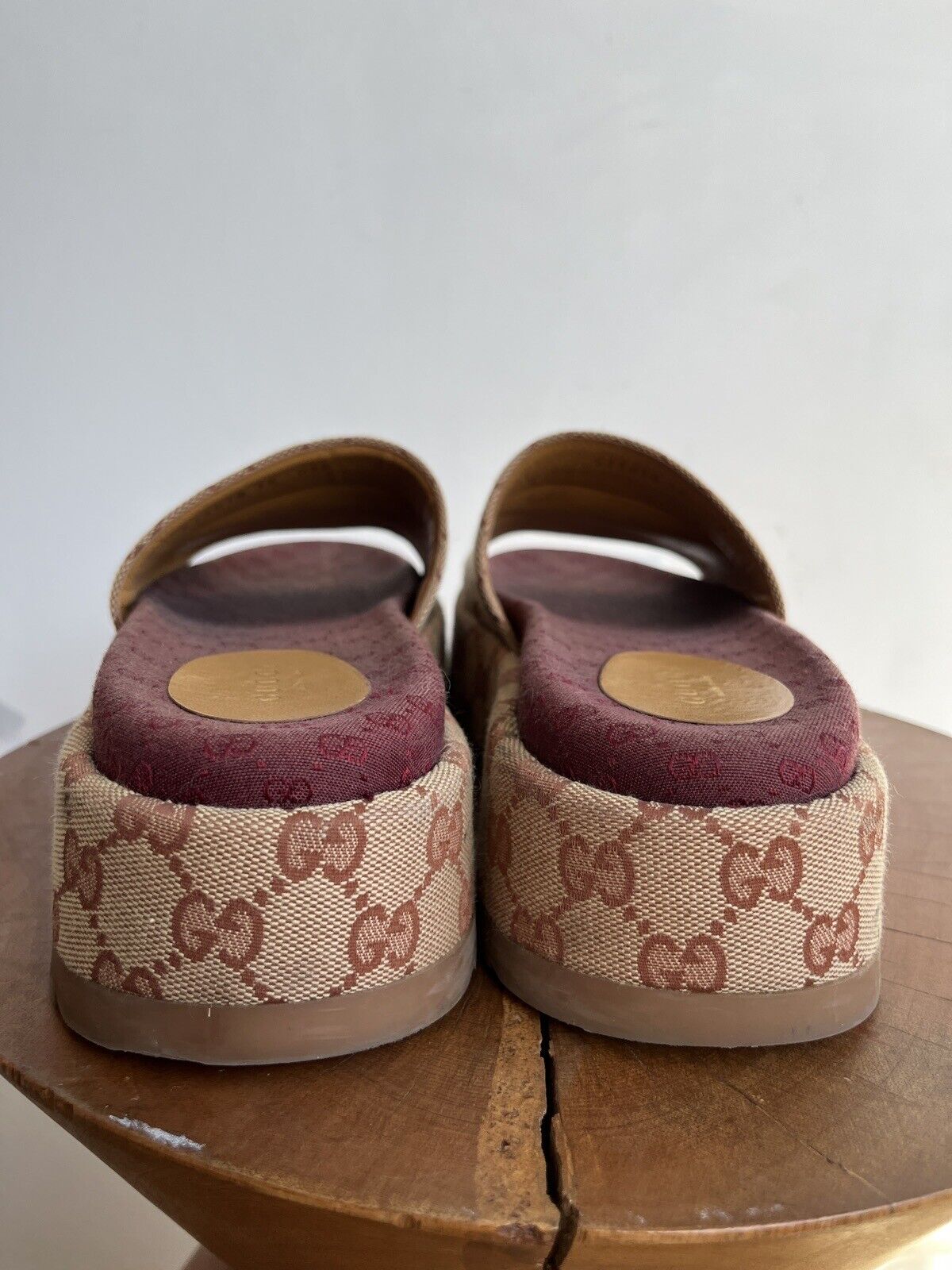 GUCCI Angelina Beige Red Maroon Canvas Monogram Platform Slide Sandal Shoe 38