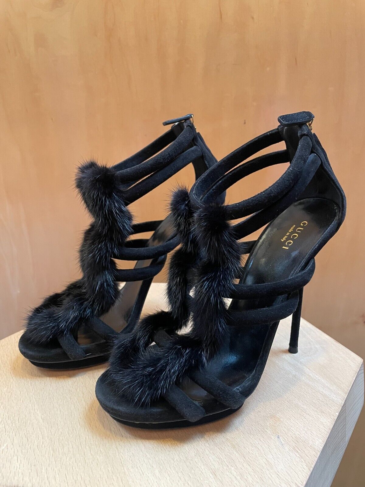 GUCCI Black Suede Mink Fur TStrap Ankle Strappy Platform Stiletto Cage Heel 37.5
