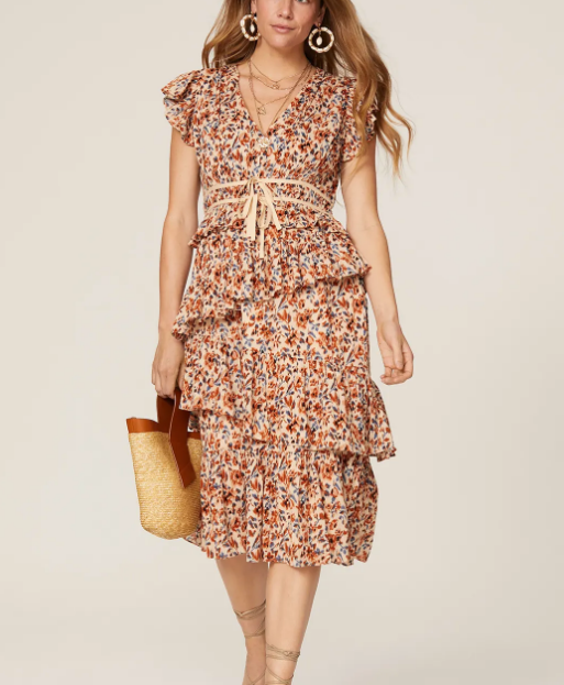ULLA JOHNSON Madeline Ruffled Tiered Floral Sleeveless Orange Creme Midi Dress 4