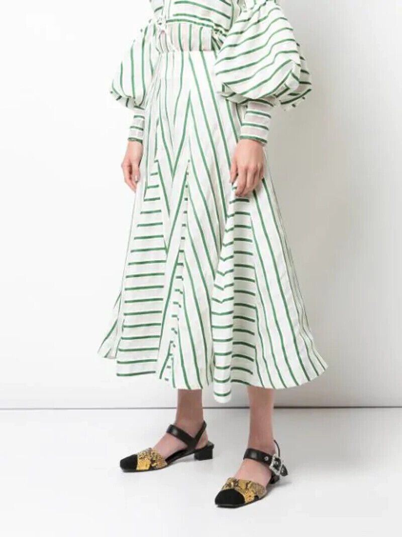 ROSIE ASSOULIN NWT Flouncy Striped White Green Stripe Print Organza Midi Skirt 6