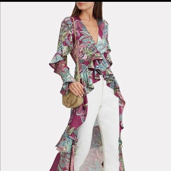 PATBO Samba Maroon Purple Green Botanical Print Ruffle CoverUp Top Duster Robe S