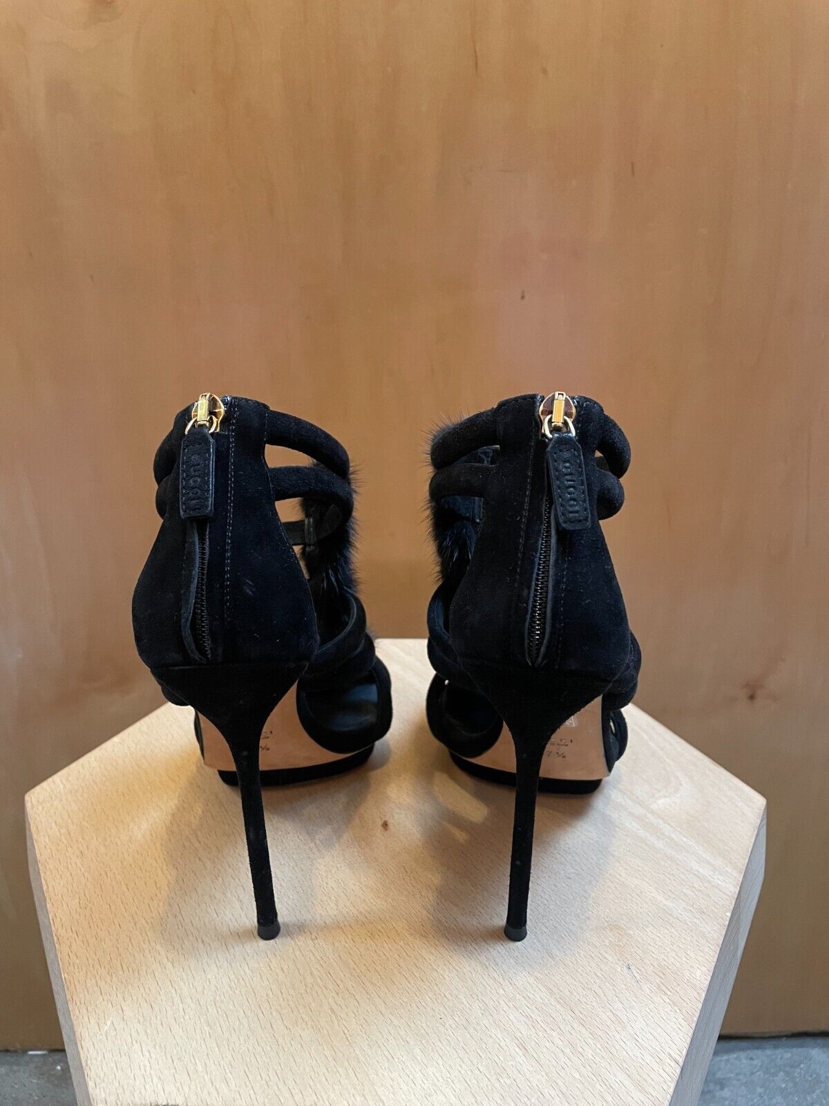 GUCCI Black Suede Mink Fur TStrap Ankle Strappy Platform Stiletto Cage Heel 37.5