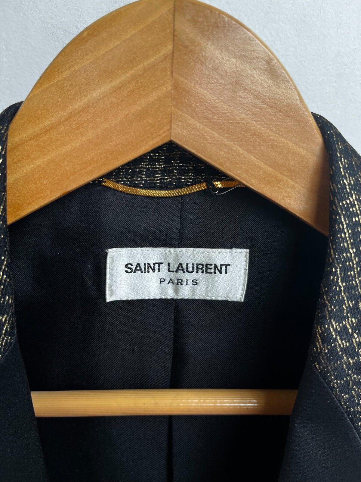 SAINT LAURENT YSL Black Gold Plaid Satin Peaked Lapel Cropped Blazer Jacket 34