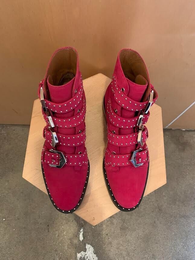 GIVENCHY Fuchsia Pink Bottine Elegant Studded Leather Ankle Moto Biker Boots 35