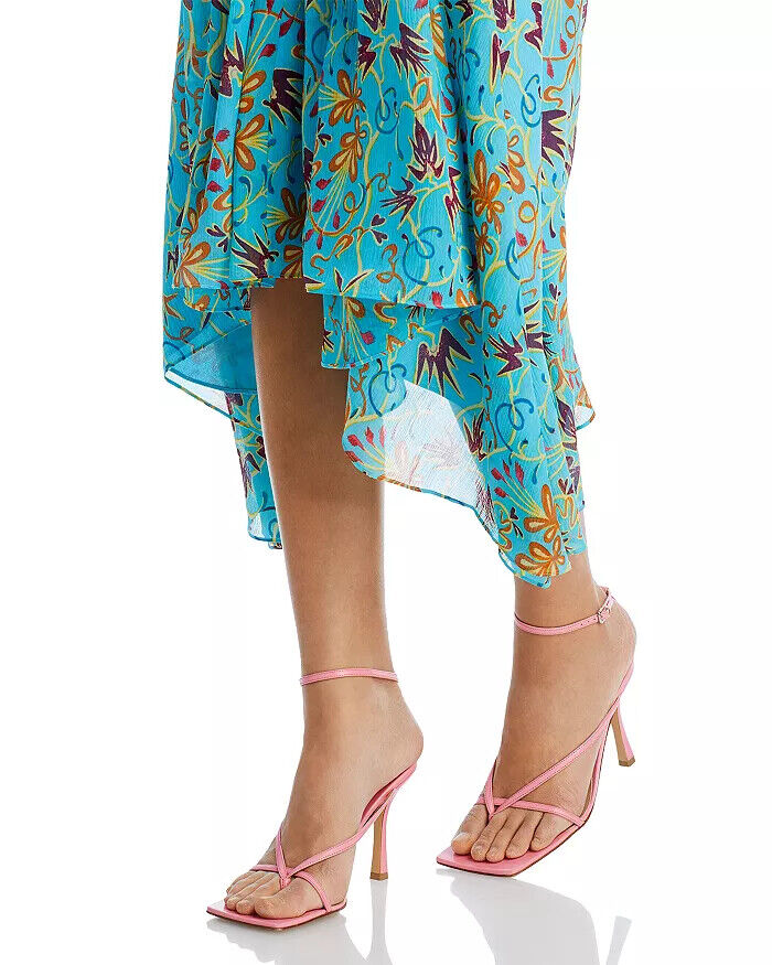A.L.C. Violet Blue Teal Silk Printed Halter Sleeveless Asymmetric Midi Dress 0