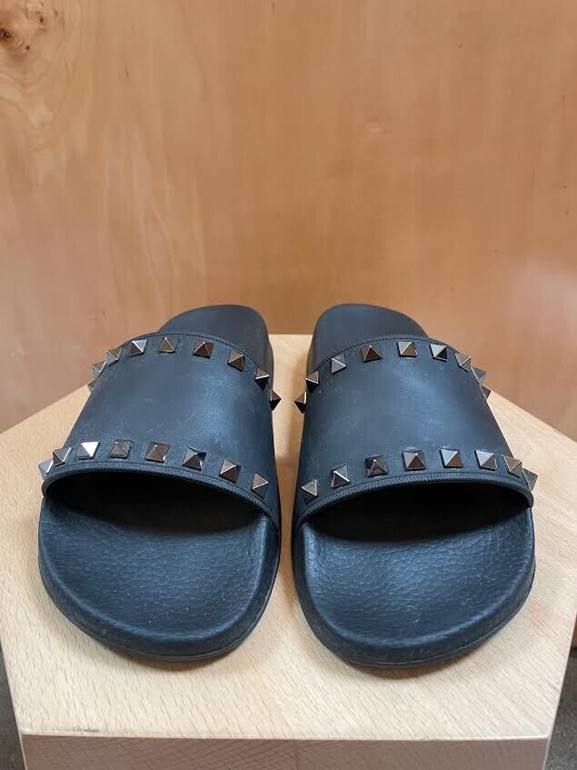 VALENTINO Black Rockstud Silver Rubber Flat Pool Slide Sandal Shoe 39/9/8.5