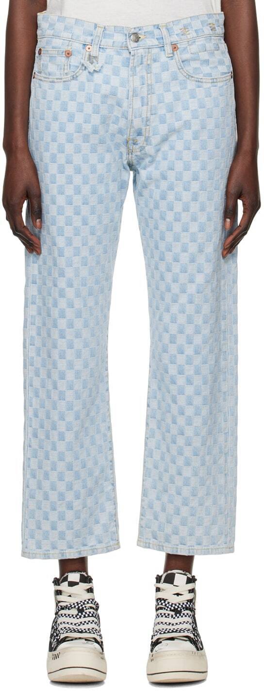 R13 Checkerboard Boyfriend Check Print Light Blue Wash Straight Relaxed Jean 25