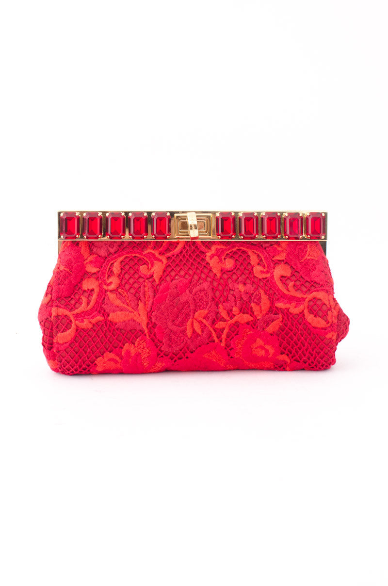 RICAMO POCHETTE RED LACE CLUTCH
