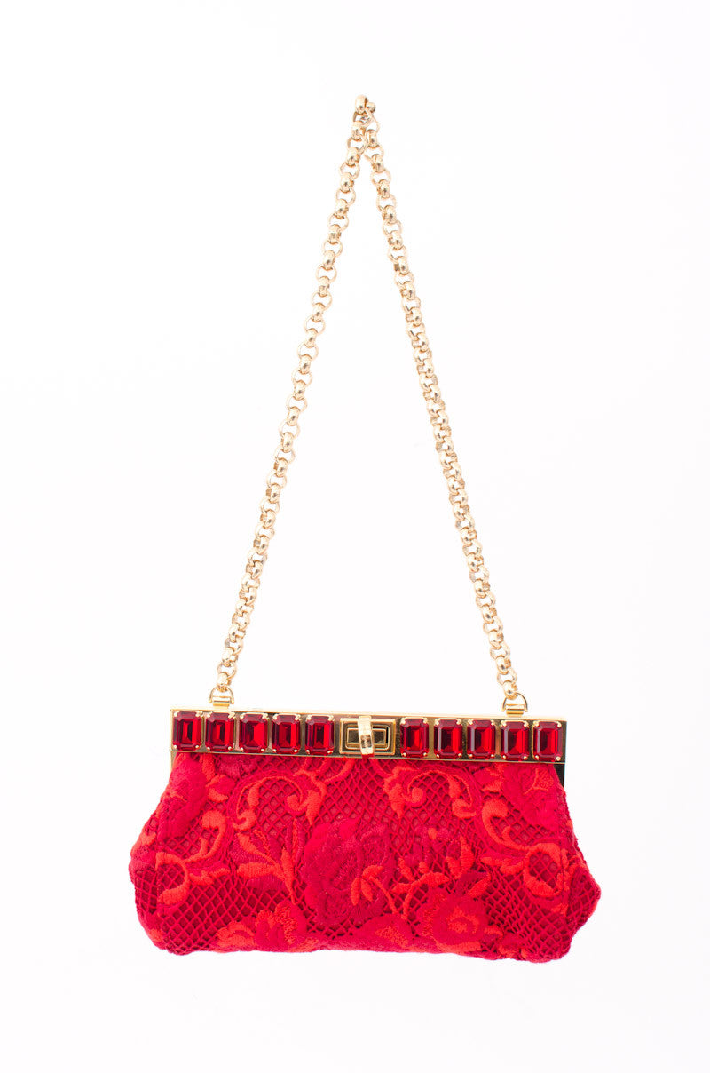 RICAMO POCHETTE RED LACE CLUTCH