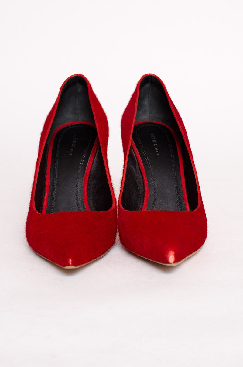 RED PONYHAIR PUMPS