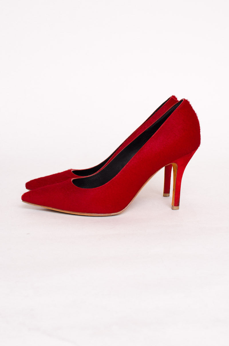 RED PONYHAIR PUMPS