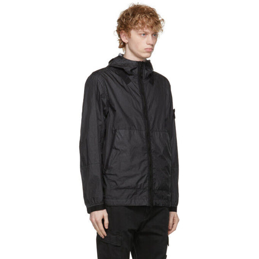 STONE ISLAND Men's Membrana 3L TC Black Nylon Hooded Logo Windbreaker Jacket L