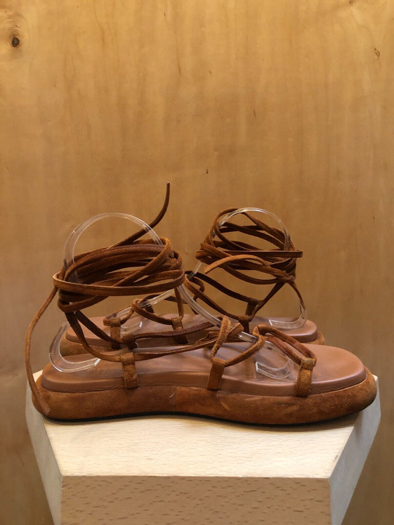 KHAITE	Alba Brown Suede Leather Trimmed Strappy Tie Up Ankle Sandals 38.5