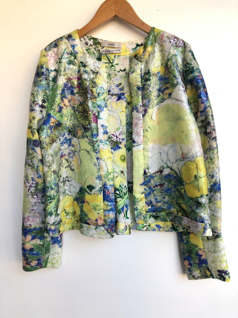 ERDEM	Yellow Green Watercolor Floral Sequin Long Sleeve Silk Blazer Jacket M/L